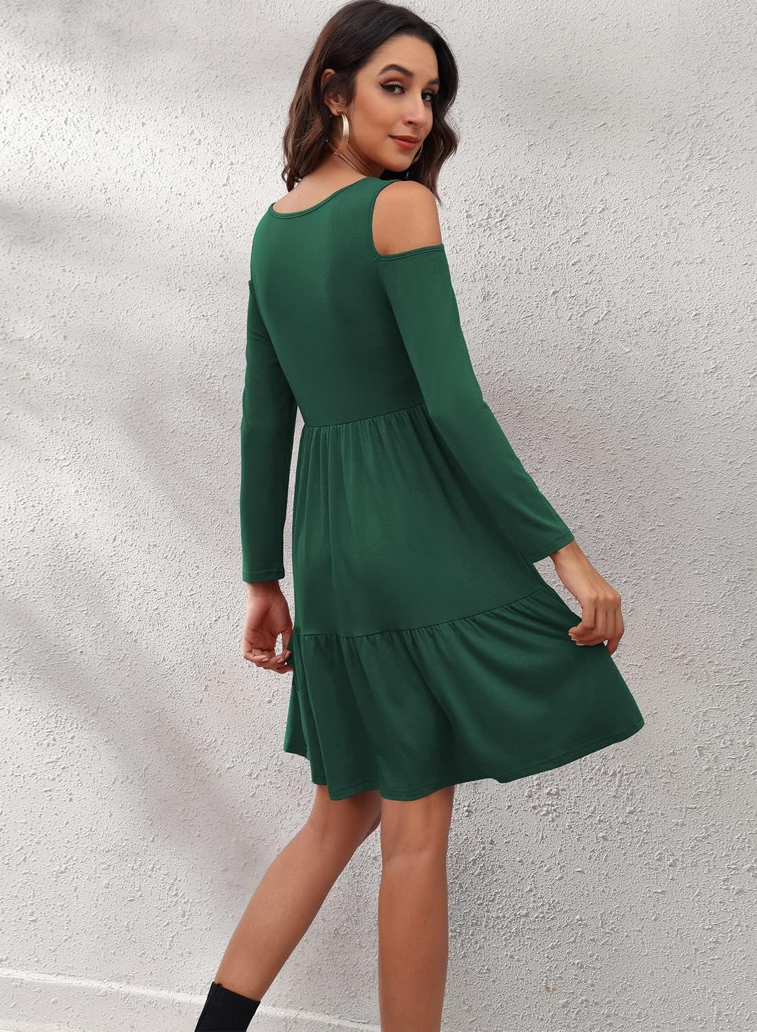 Women'S Casual Cold Shoulder Sleeve Mini Dress Summer Loose Short Ruffle Pleated Dress with Pockets