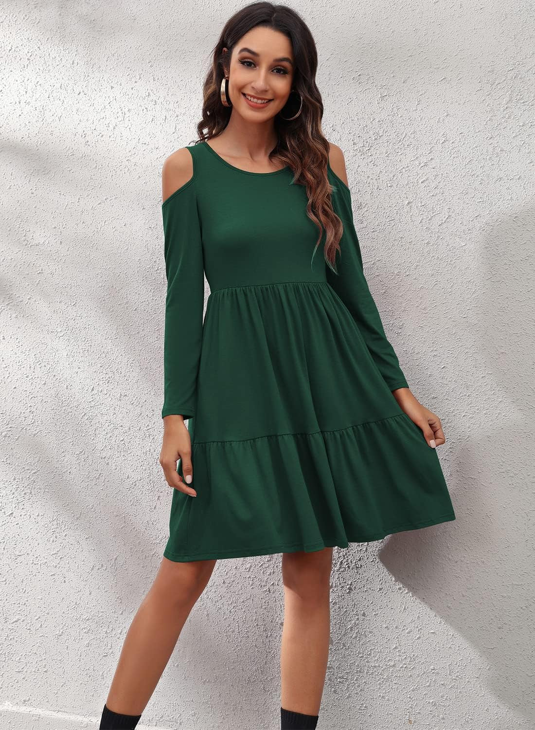 Women'S Casual Cold Shoulder Sleeve Mini Dress Summer Loose Short Ruffle Pleated Dress with Pockets