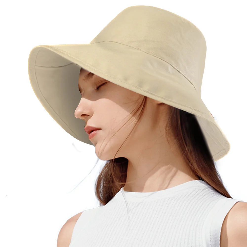 Bucket Hat, Travel Beach Sun Hat, Bucket Hat for Women Men Cotton Unisex Foldable Fisherman Hat Outdoor Cap, Off-White