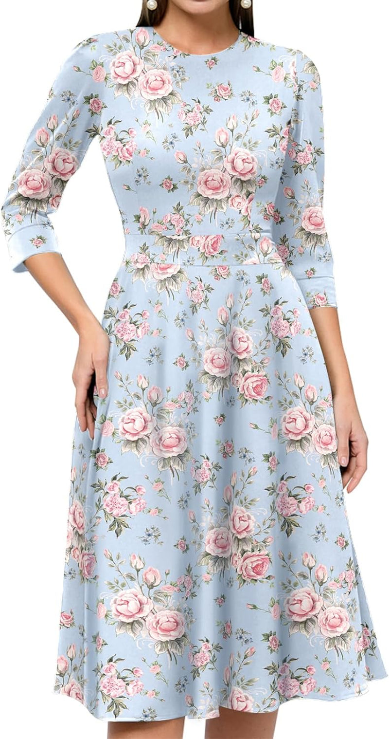 Women'S Floral Vintage Dress Elegant Midi Evening Dress 3/4 Sleeves