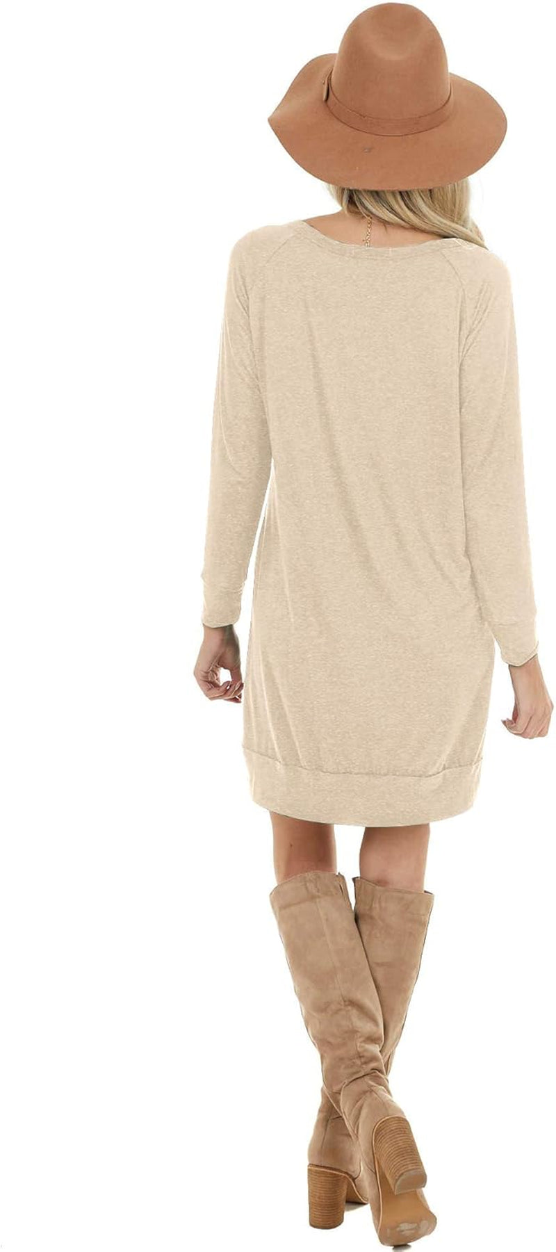 Women'S Long Sleeves Dresses Causal Loose Round-Neck Tuinc Tops Basic Dress with Side Pockets