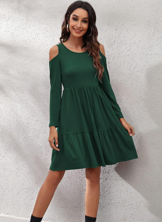 Women'S Casual Cold Shoulder Sleeve Mini Dress Summer Loose Short Ruffle Pleated Dress with Pockets