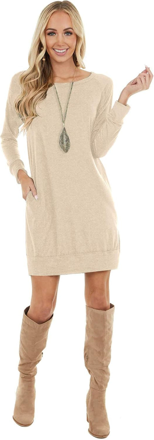 Women'S Long Sleeves Dresses Causal Loose Round-Neck Tuinc Tops Basic Dress with Side Pockets