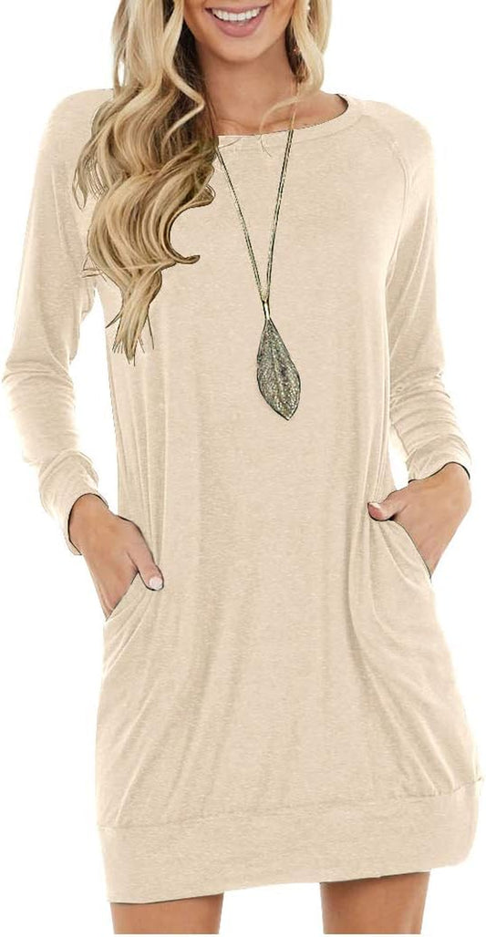 Women'S Long Sleeves Dresses Causal Loose Round-Neck Tuinc Tops Basic Dress with Side Pockets