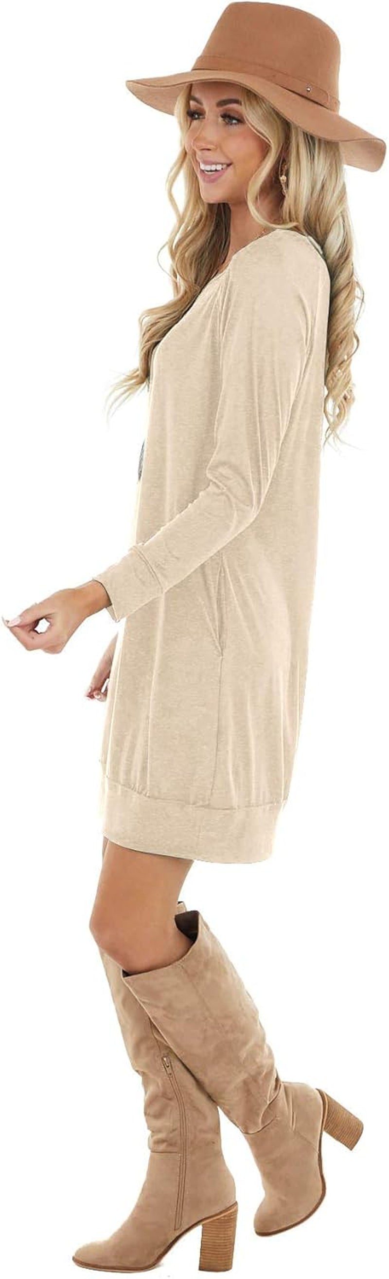 Women'S Long Sleeves Dresses Causal Loose Round-Neck Tuinc Tops Basic Dress with Side Pockets
