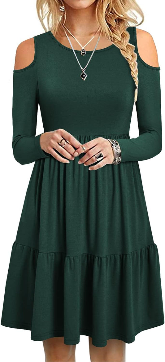 Women'S Casual Cold Shoulder Sleeve Mini Dress Summer Loose Short Ruffle Pleated Dress with Pockets