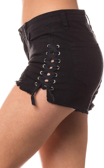 Denim Shorts for Women – Mid Rise Hand Sanding Distressed Destroyed Ripped Casual Fashion Summer Jeans