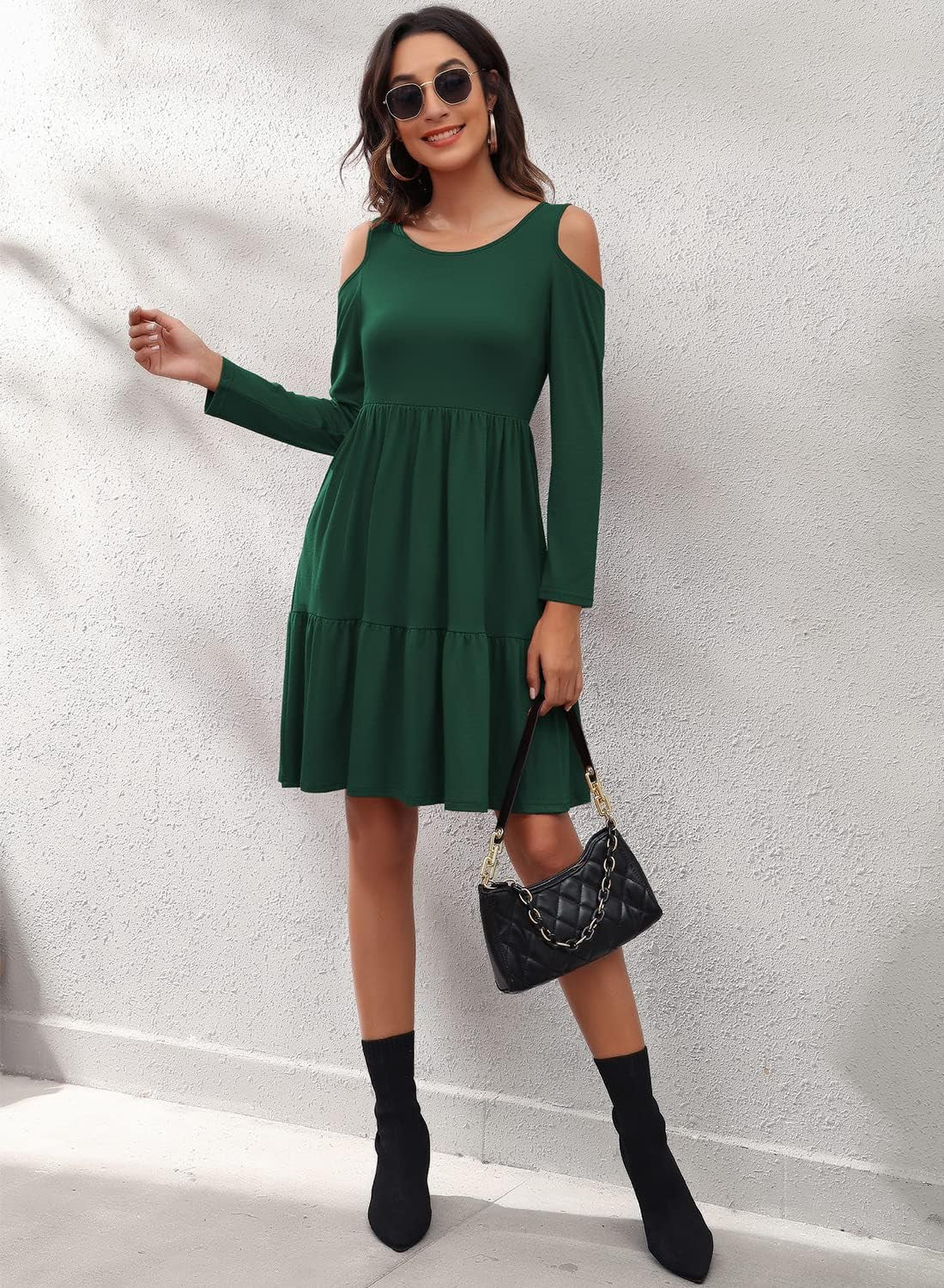 Women'S Casual Cold Shoulder Sleeve Mini Dress Summer Loose Short Ruffle Pleated Dress with Pockets