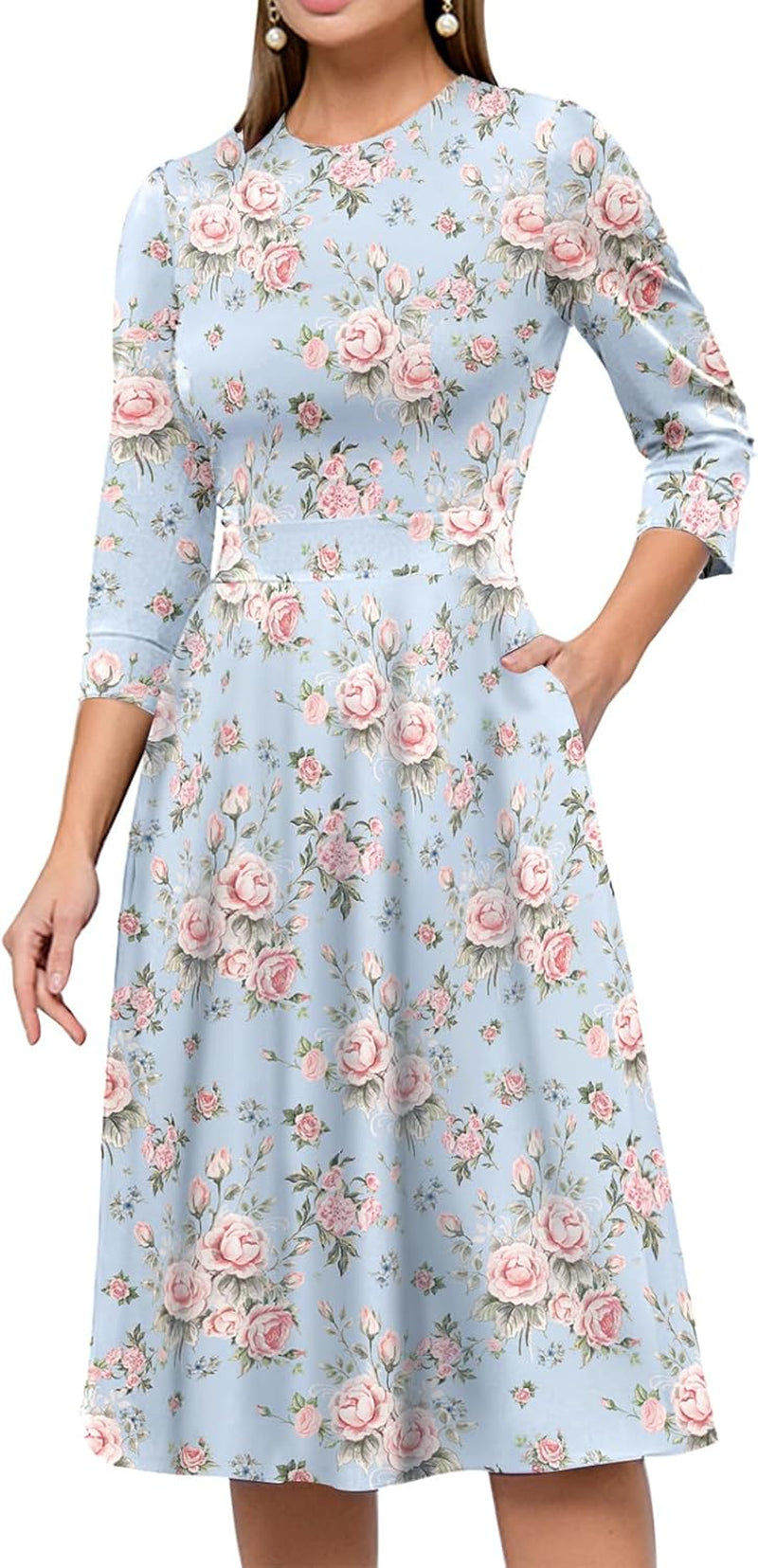 Women'S Floral Vintage Dress Elegant Midi Evening Dress 3/4 Sleeves