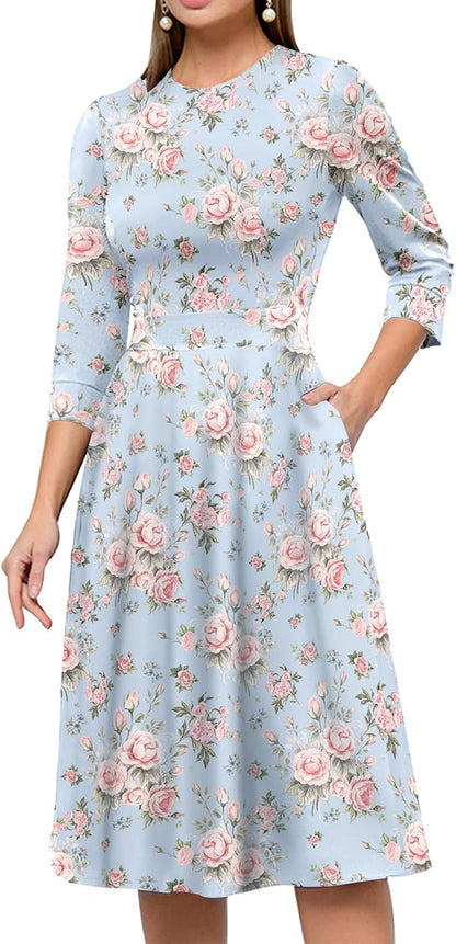 Women'S Floral Vintage Dress Elegant Midi Evening Dress 3/4 Sleeves