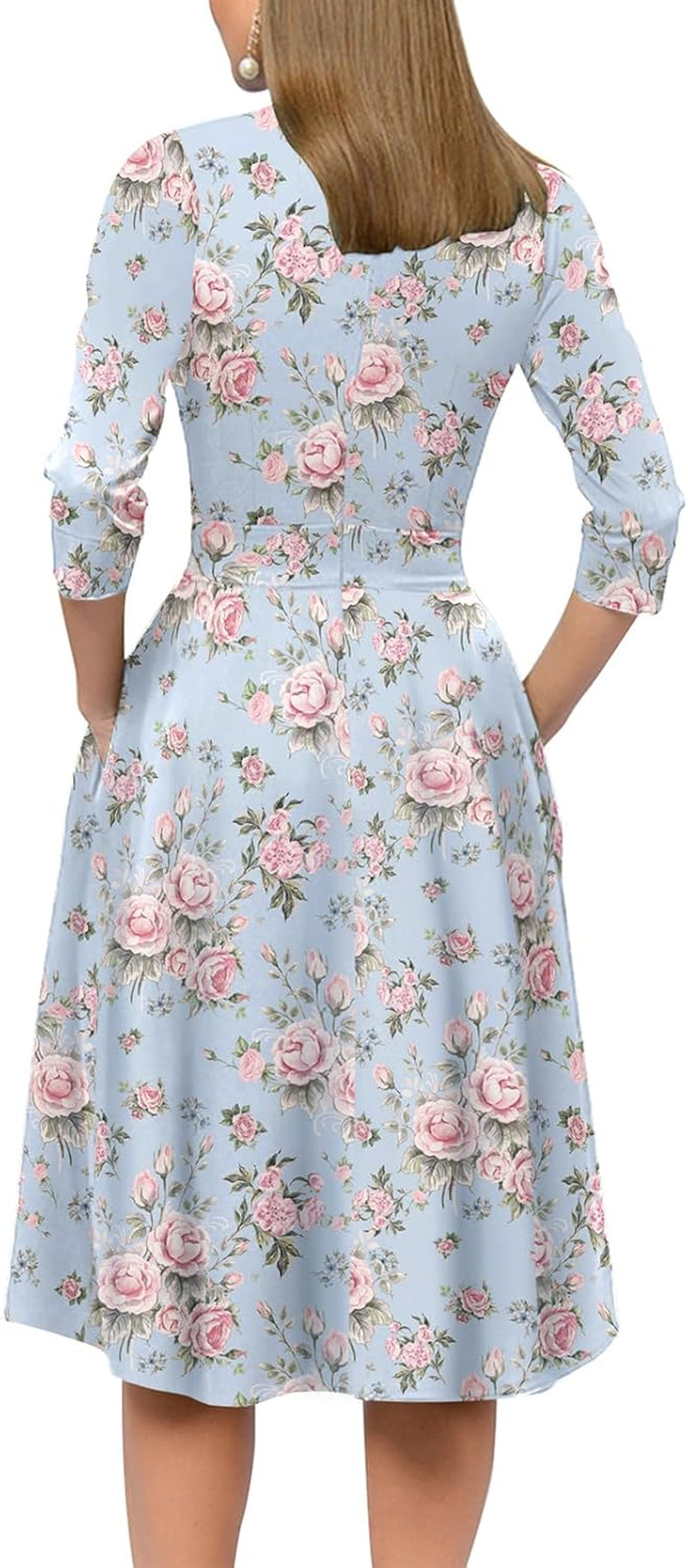 Women'S Floral Vintage Dress Elegant Midi Evening Dress 3/4 Sleeves