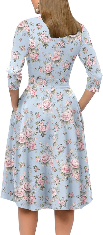 Women'S Floral Vintage Dress Elegant Midi Evening Dress 3/4 Sleeves