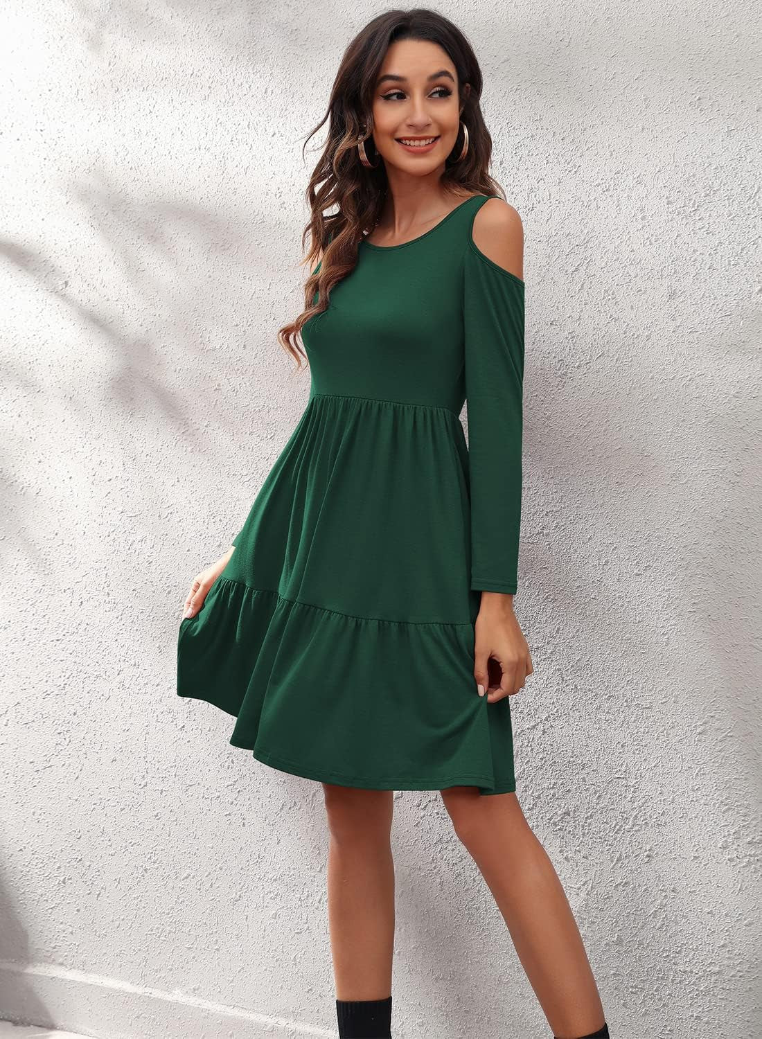 Women'S Casual Cold Shoulder Sleeve Mini Dress Summer Loose Short Ruffle Pleated Dress with Pockets