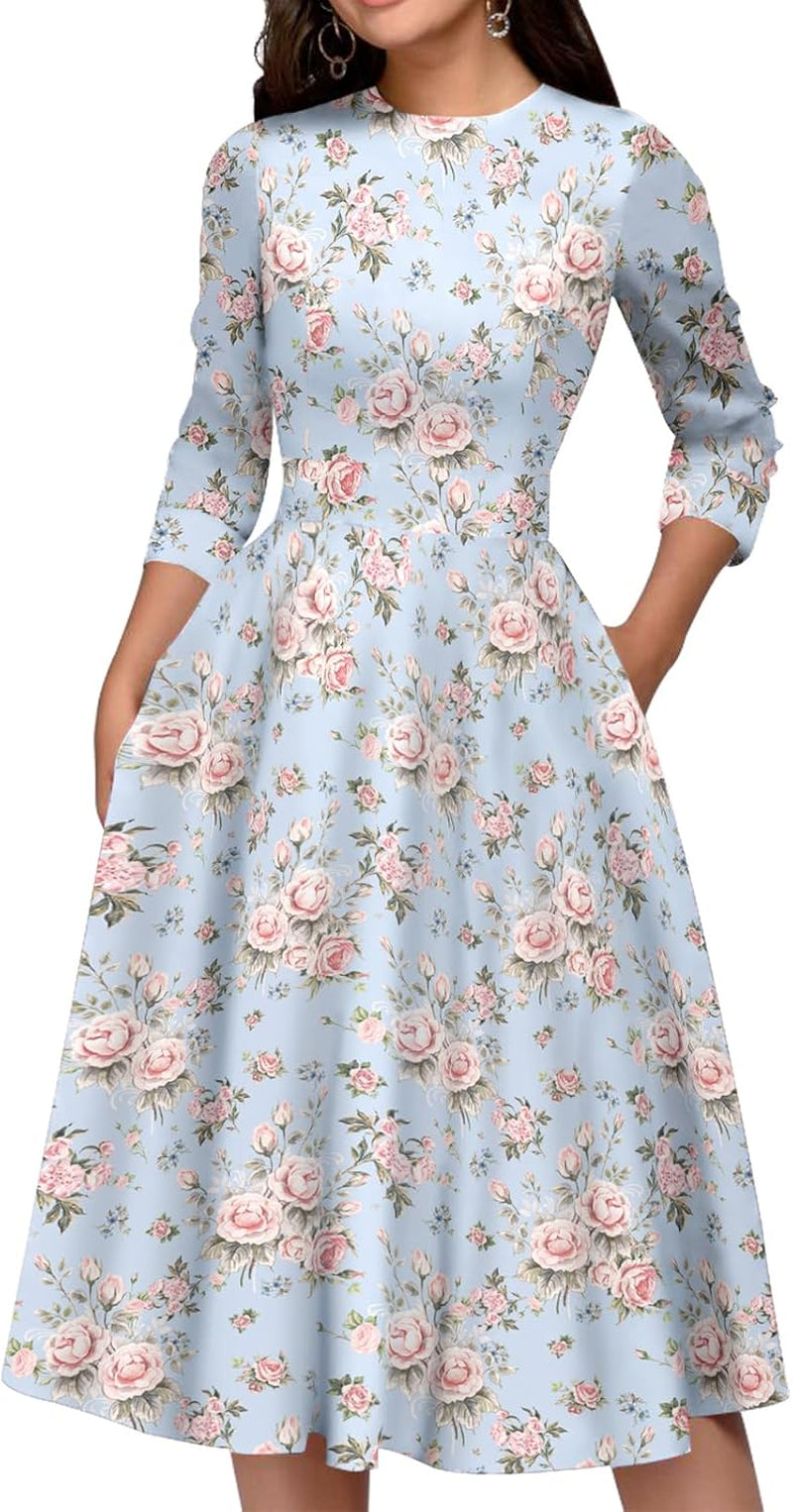 Women'S Floral Vintage Dress Elegant Midi Evening Dress 3/4 Sleeves