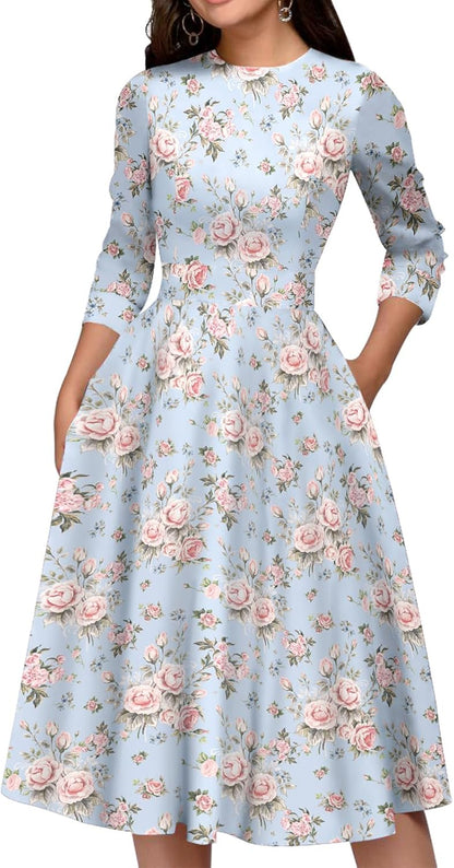 Women'S Floral Vintage Dress Elegant Midi Evening Dress 3/4 Sleeves
