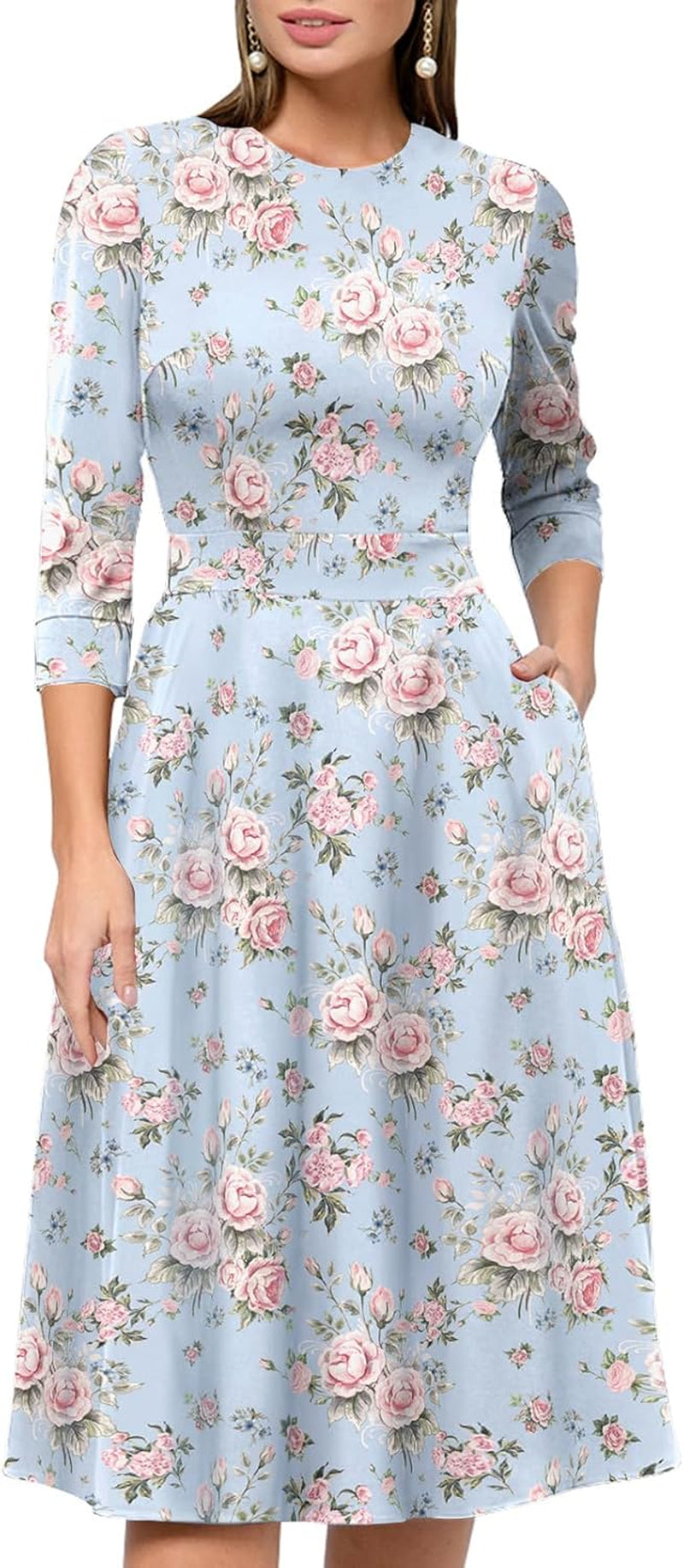 Women'S Floral Vintage Dress Elegant Midi Evening Dress 3/4 Sleeves