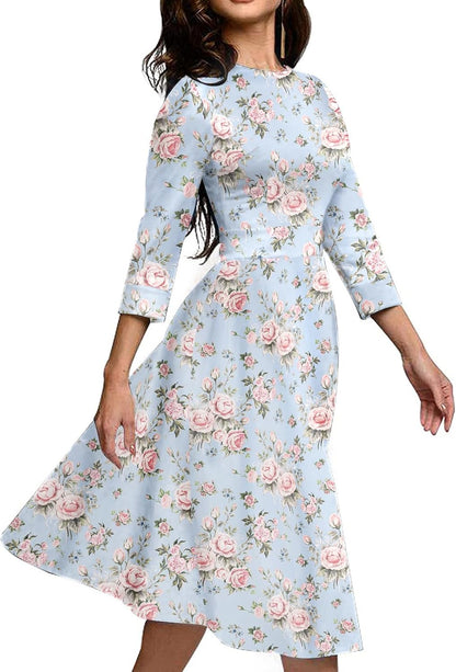 Women'S Floral Vintage Dress Elegant Midi Evening Dress 3/4 Sleeves