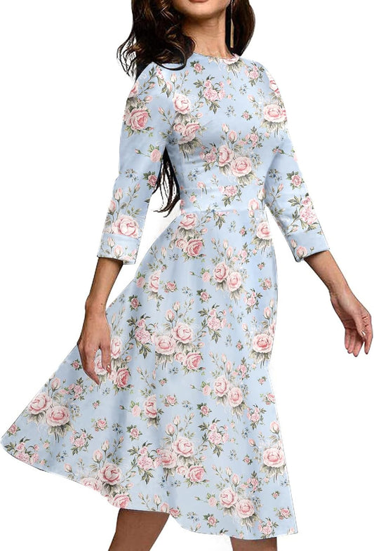Women'S Floral Vintage Dress Elegant Midi Evening Dress 3/4 Sleeves