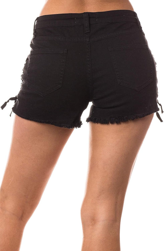 Denim Shorts for Women – Mid Rise Hand Sanding Distressed Destroyed Ripped Casual Fashion Summer Jeans