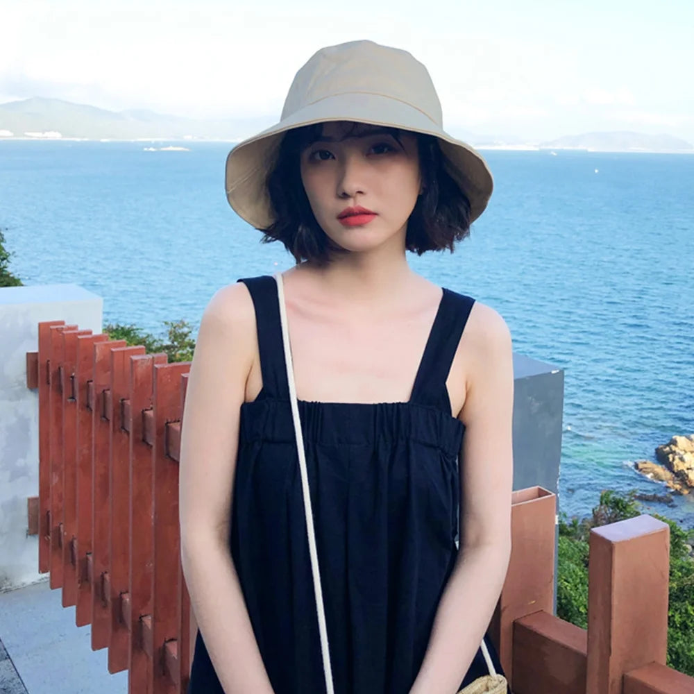 Bucket Hat, Travel Beach Sun Hat, Bucket Hat for Women Men Cotton Unisex Foldable Fisherman Hat Outdoor Cap, Off-White